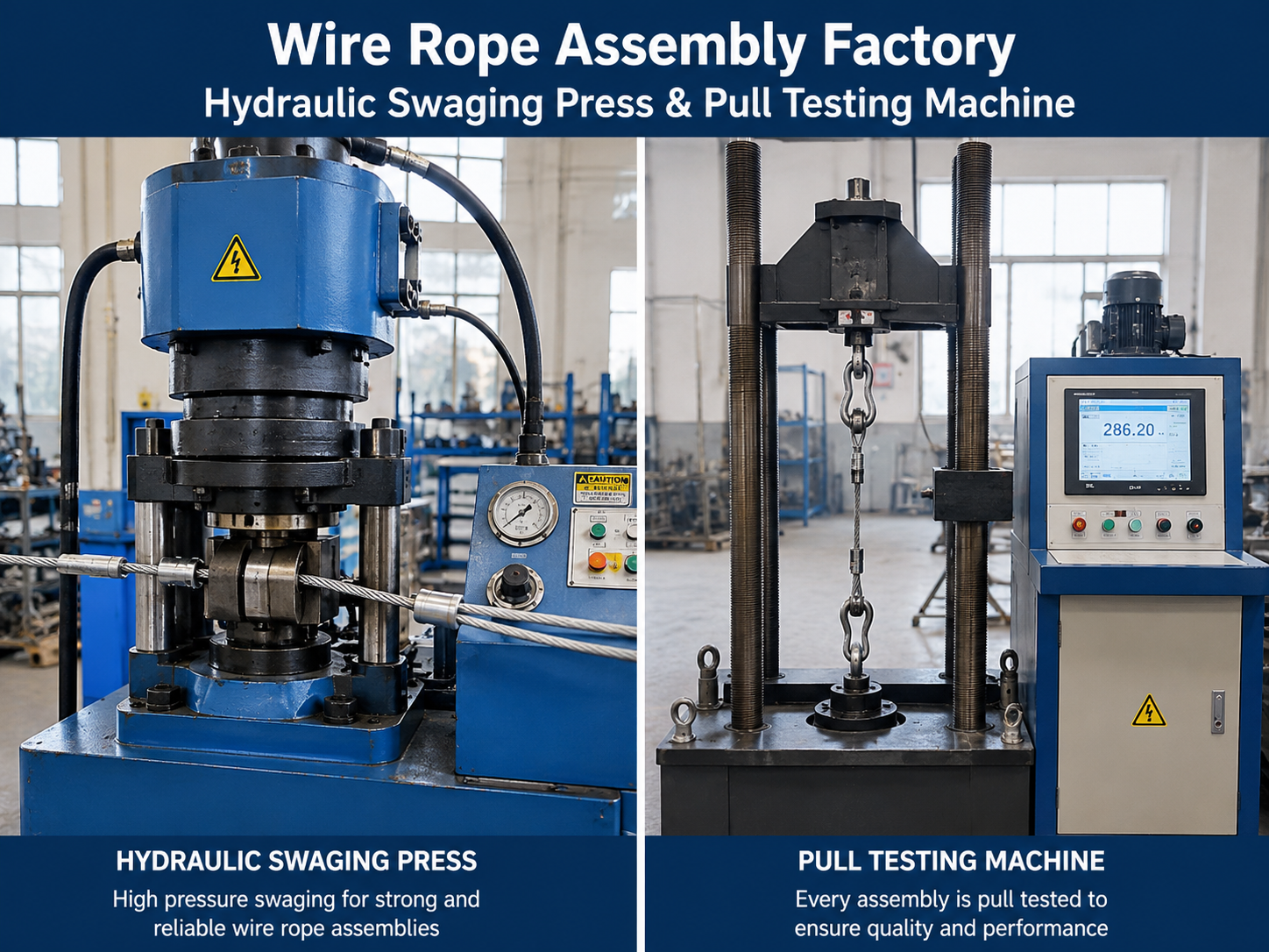 Wire rope assembly factory hydraulic swaging press and pull testing machine
