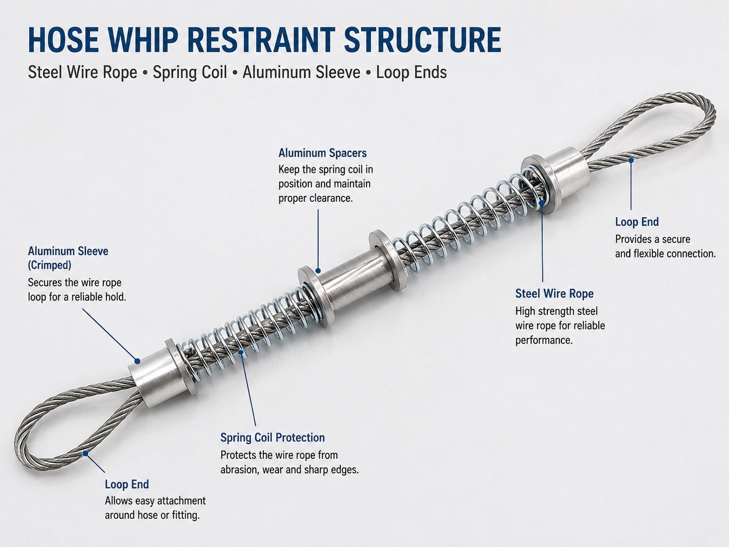 Hose whip restraint structure with steel wire rope spring coil aluminum sleeve and loop ends