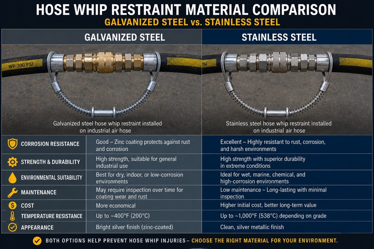 Galvanized steel and stainless steel hose whip restraint material comparison