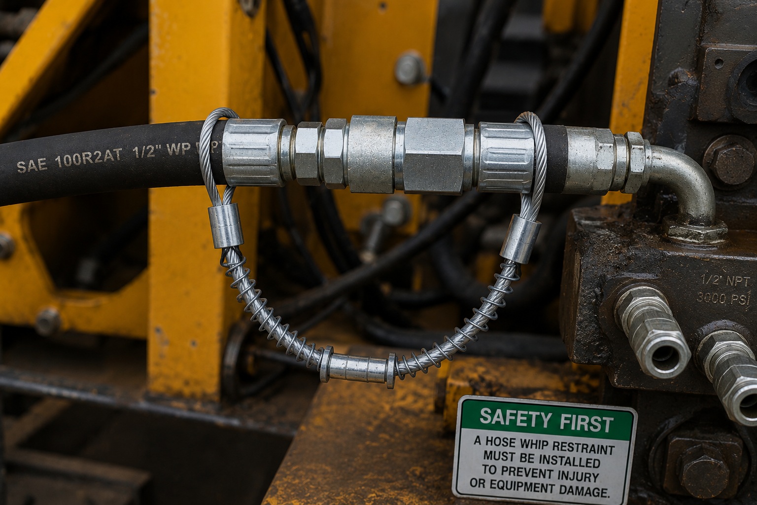 Hydraulic hose whip restraint installed on high pressure hose connection